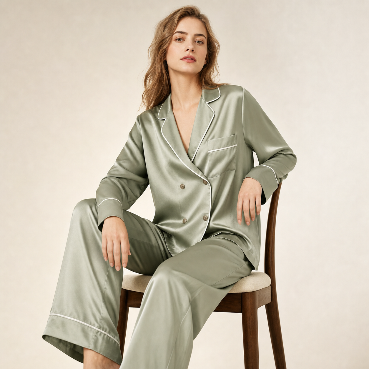Classic Collection 19 Momme Grade 6A 100% Mulberry Silk Two-Piece Set, Double-Breasted Blazer Collar Long Sleeve Wide Leg Long Pants All-Season Loungewear | Sage Green