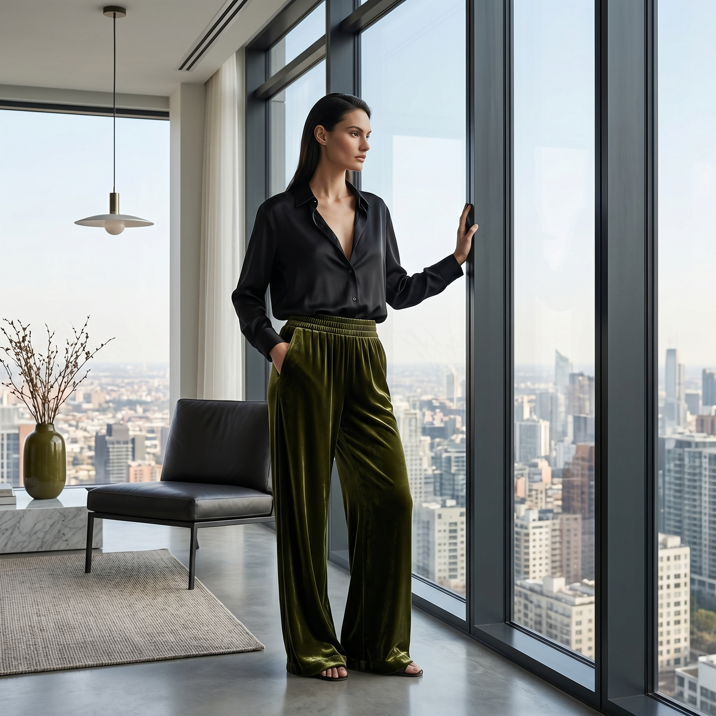 19 Momme Mulberry Silk Velvet Wide-leg Trousers
