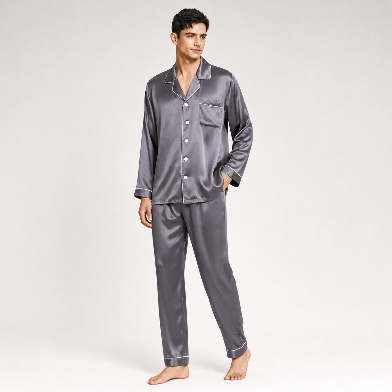 Classic Collection 19 Momme Grade 6A 100% Mulberry Silk Men's Piped Silk Pajama Set