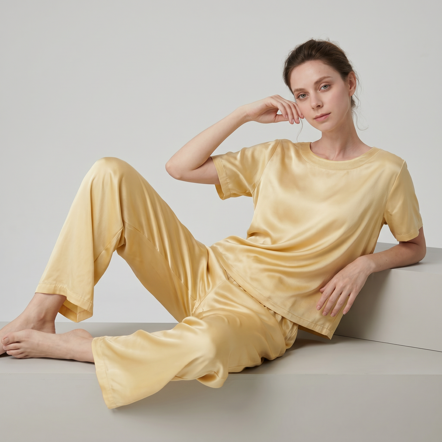 Soho Collection 19 Momme Sandwashed Ribbed Knit Round Neck Two-Piece Set