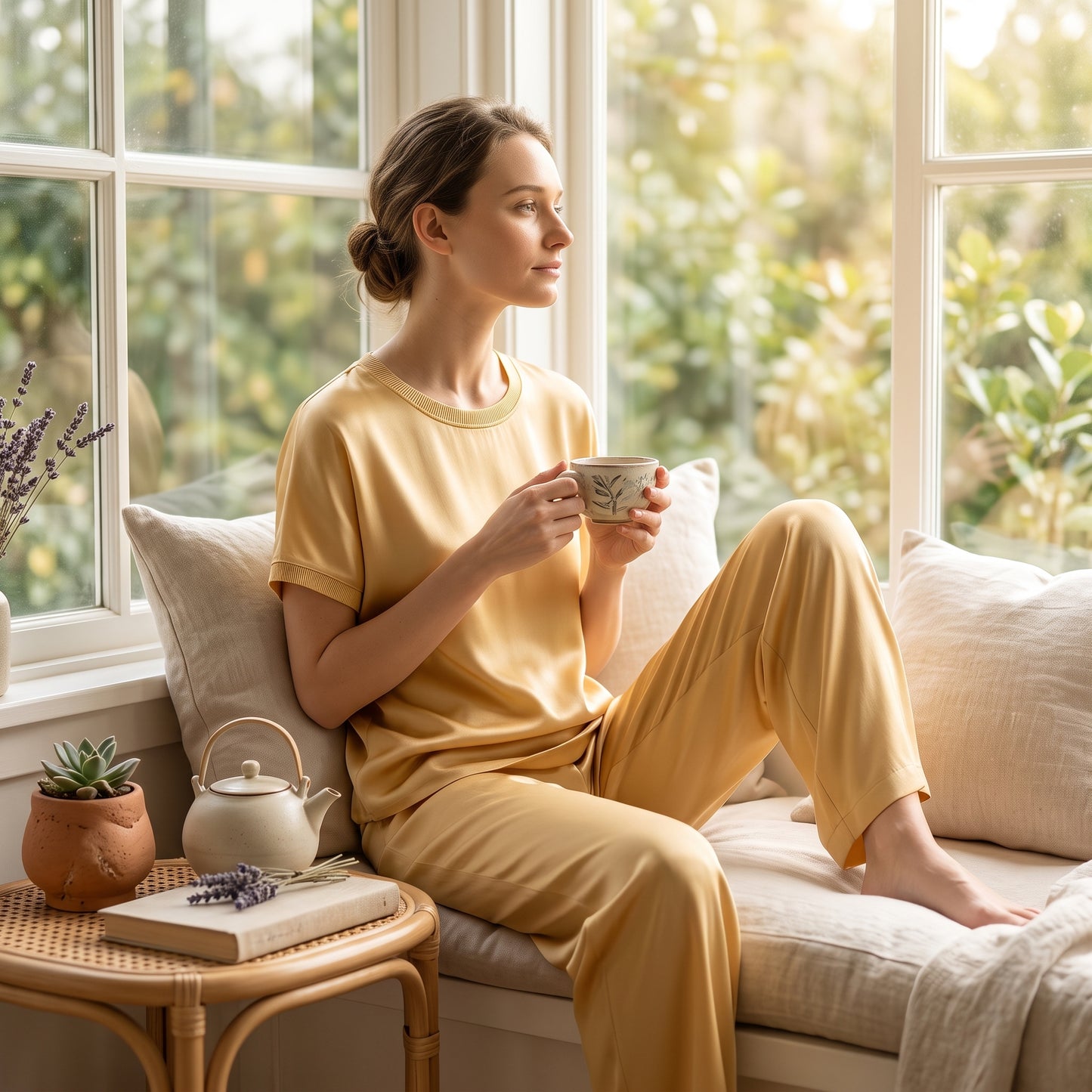 Soho Collection 19 Momme Sandwashed Ribbed Knit Round Neck Two-Piece Set
