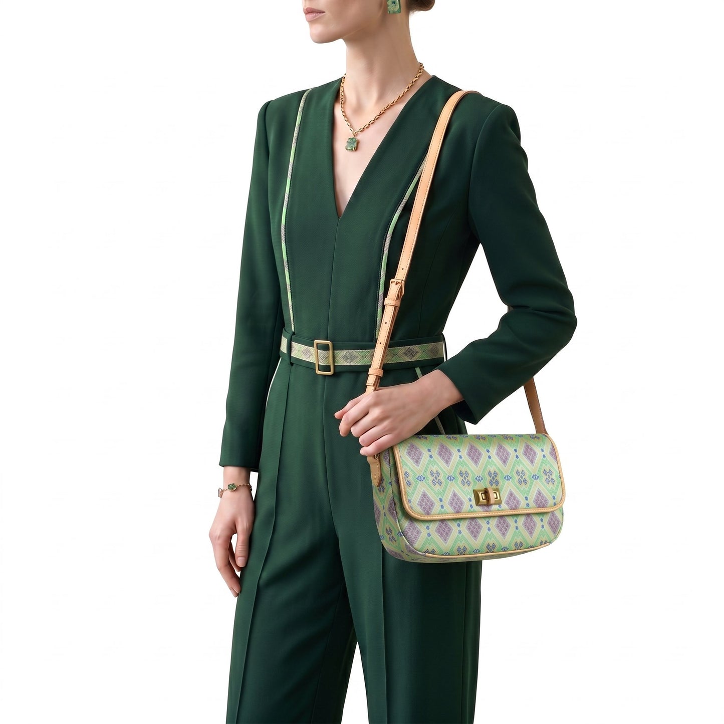 Diamond Lattice Brocade Crossbody Bag (Light Green)