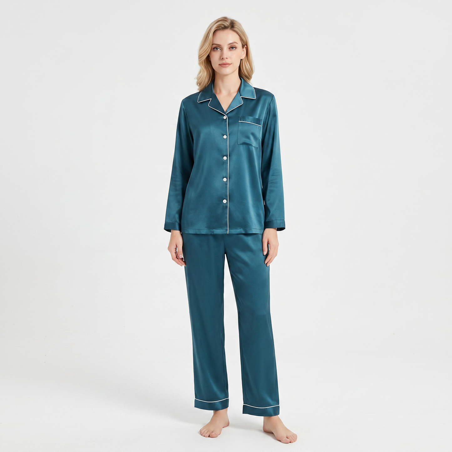 Qingsong Collection Pocket-Trimmed Silk Pajama Set
