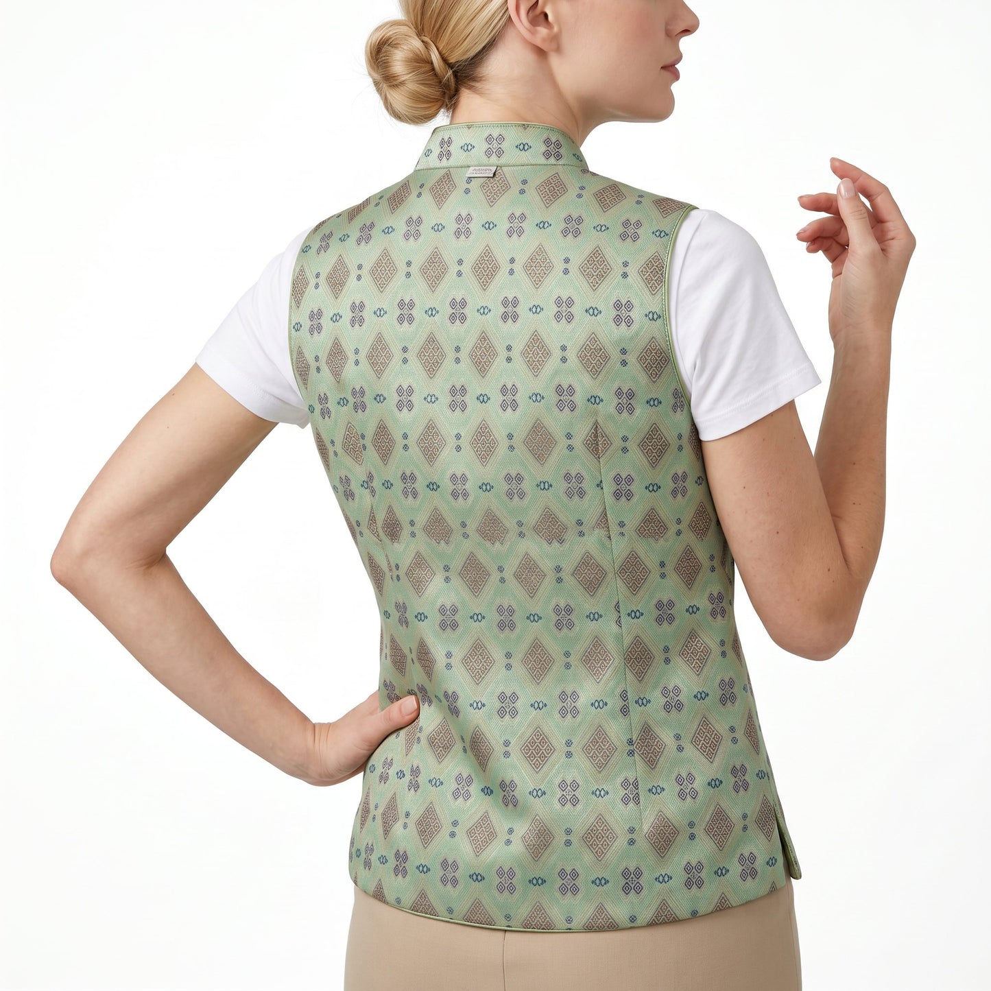 Diamond Lattice Silk Vest with Mandarin Collar (Ash Green)