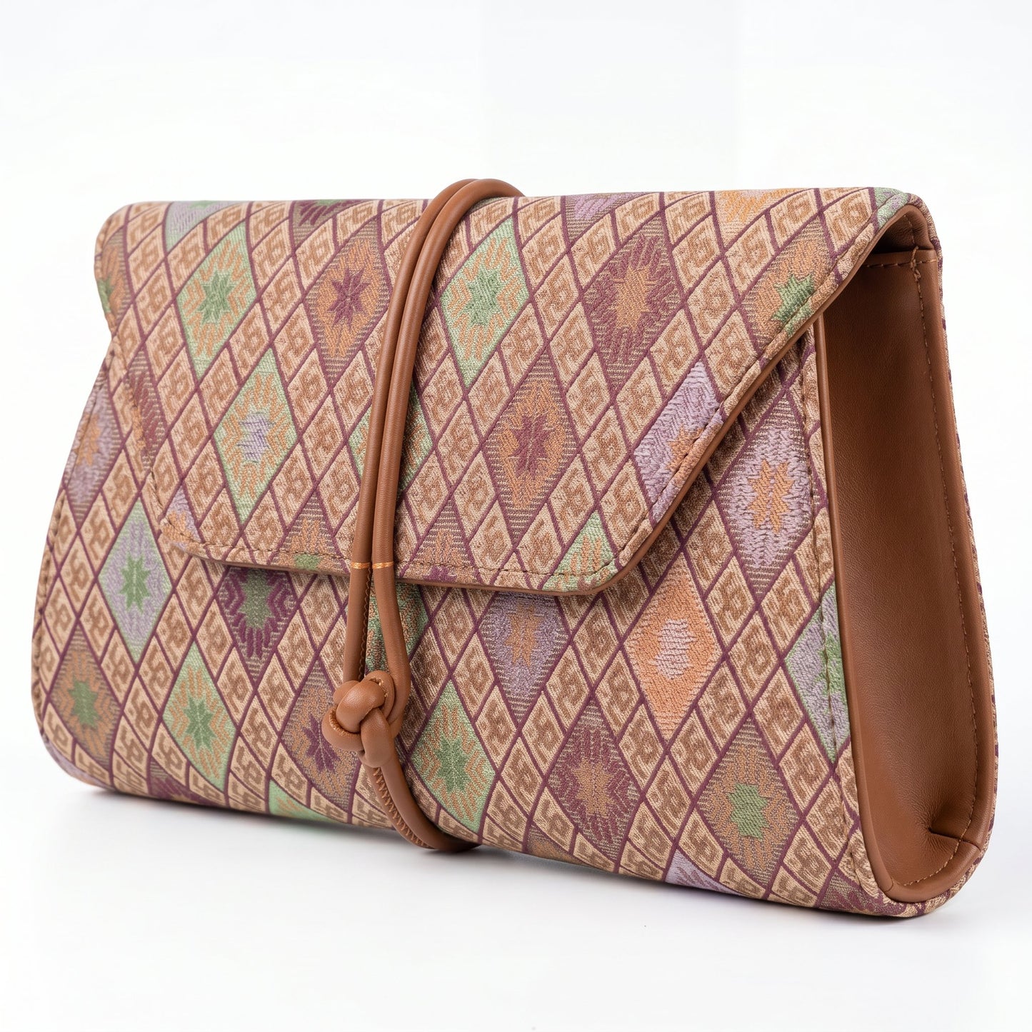 Diamond Lattice Brocade Envelope Clutch (Brown)