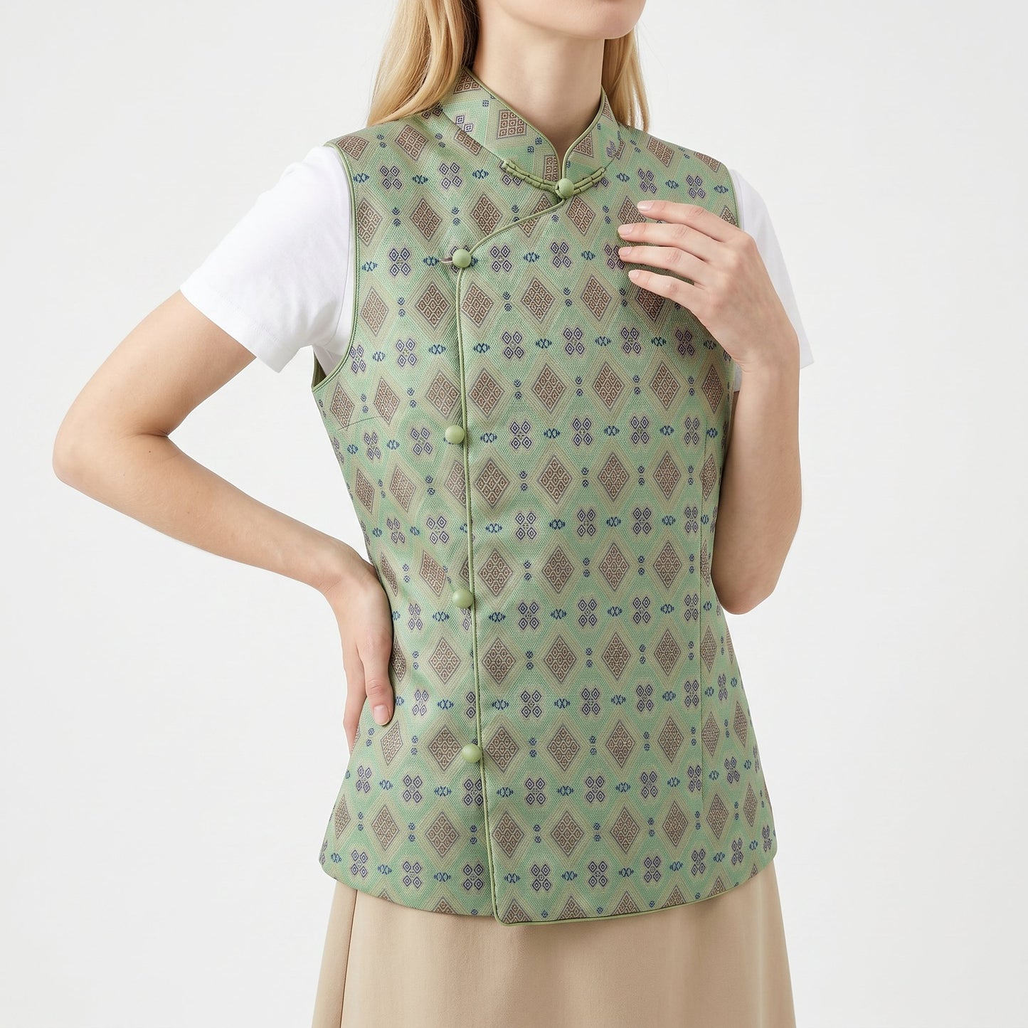 Diamond Lattice Silk Vest with Mandarin Collar (Ash Green)