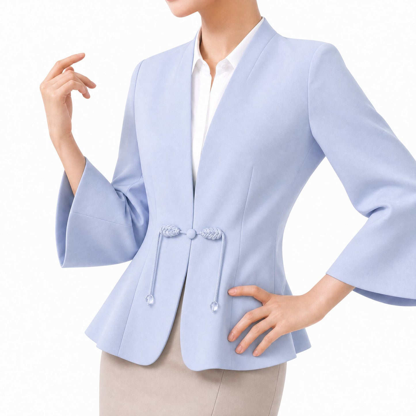 New Chinese Style Collarless Silk Blazer 3/4 Sleeve (Light Blue)