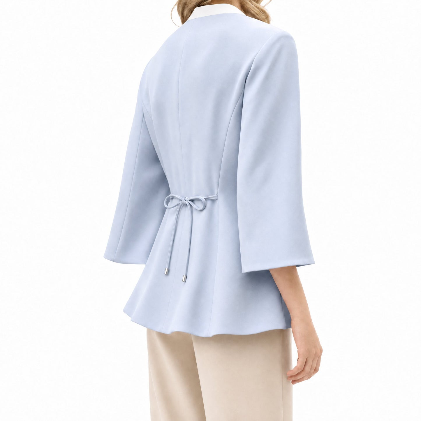 New Chinese Style Collarless Silk Blazer 3/4 Sleeve (Light Blue)