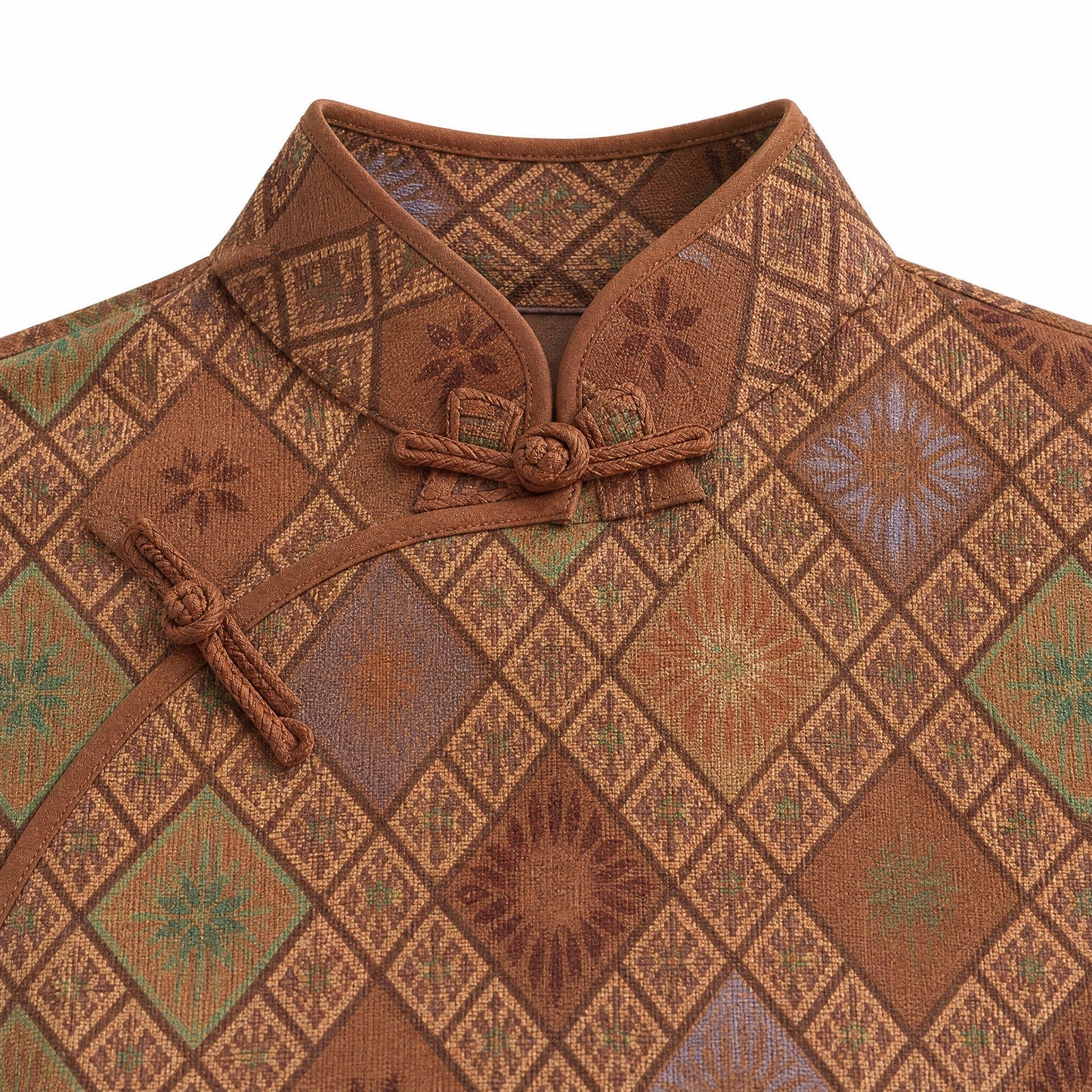 Diamond Lattice Silk Qipao Dress (Brown)