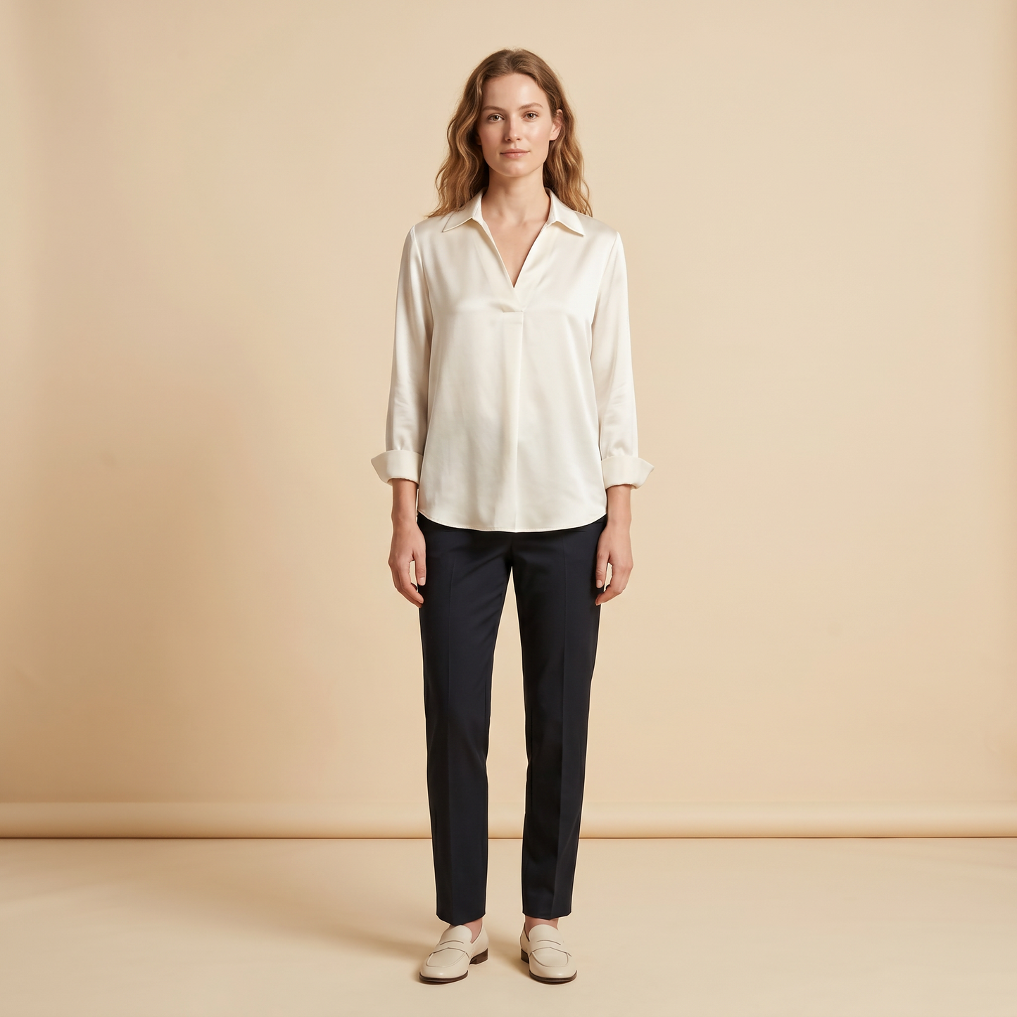 19 Momme Grade 6A Mulberry Silk Crepe de Chine Polo V-Neck Long Sleeve Blouse