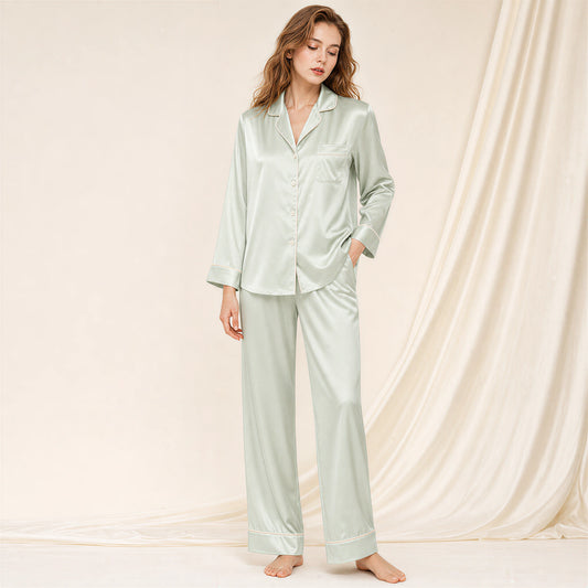 Classic Collection 19 Momme Grade 6A 100% Mulberry Silk Two-Piece Set, Notched Lapel Long Sleeve Wide Leg Long Pants All-Season Loungewear | Contrast Piping | 5 Colorways