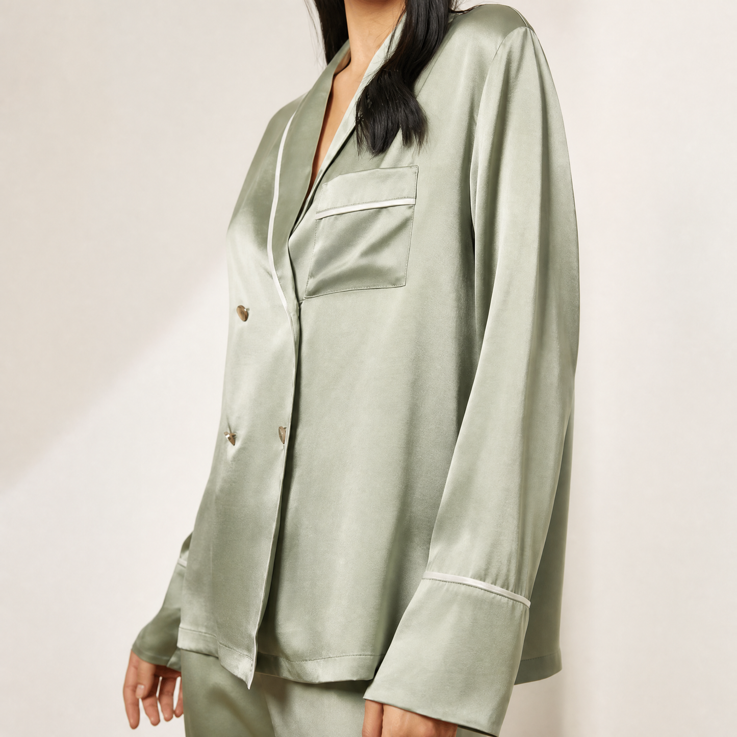 Classic Collection 19 Momme Grade 6A 100% Mulberry Silk Two-Piece Set, Double-Breasted Blazer Collar Long Sleeve Wide Leg Long Pants All-Season Loungewear | Sage Green