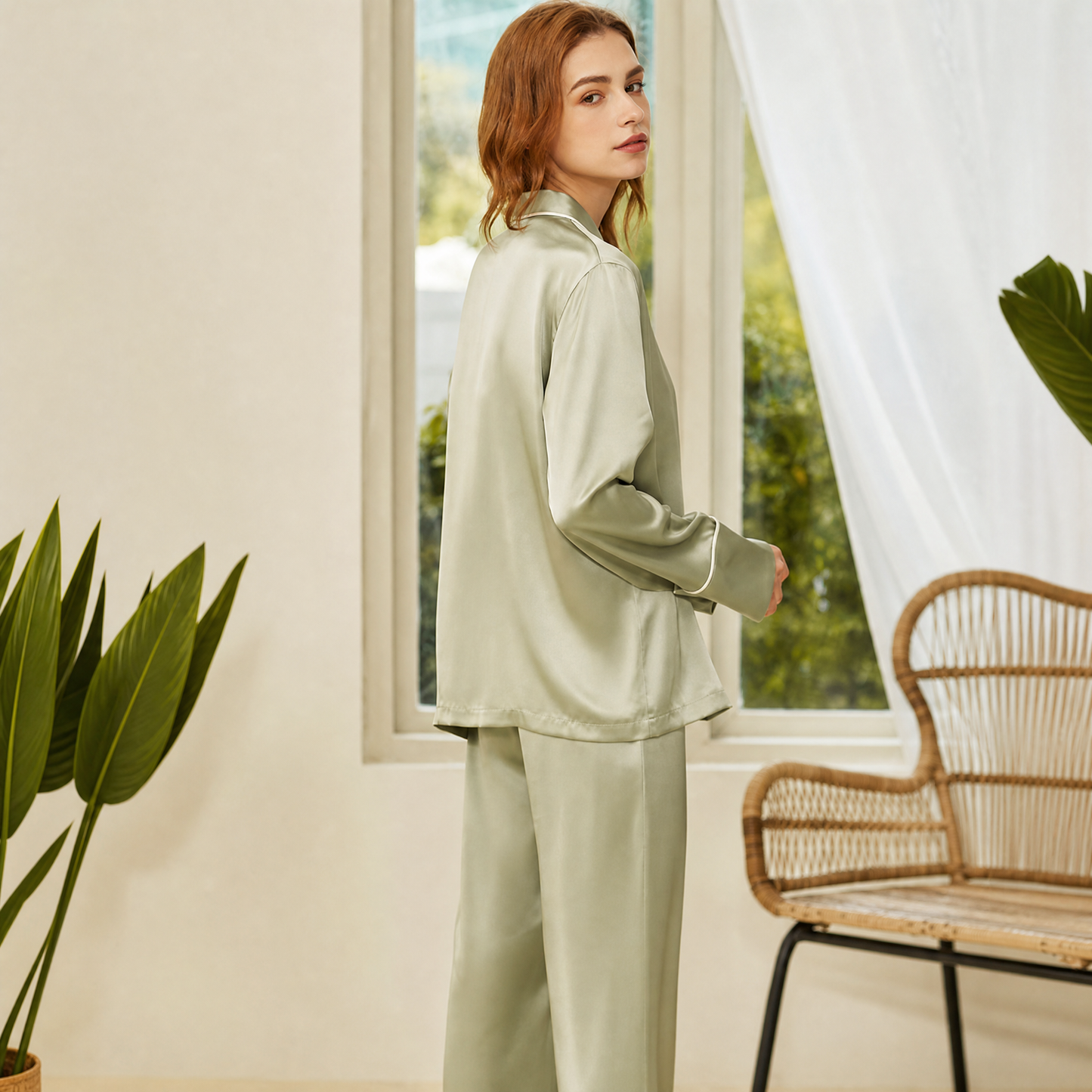 Classic Collection 19 Momme Grade 6A 100% Mulberry Silk Two-Piece Set, Double-Breasted Blazer Collar Long Sleeve Wide Leg Long Pants All-Season Loungewear | Sage Green