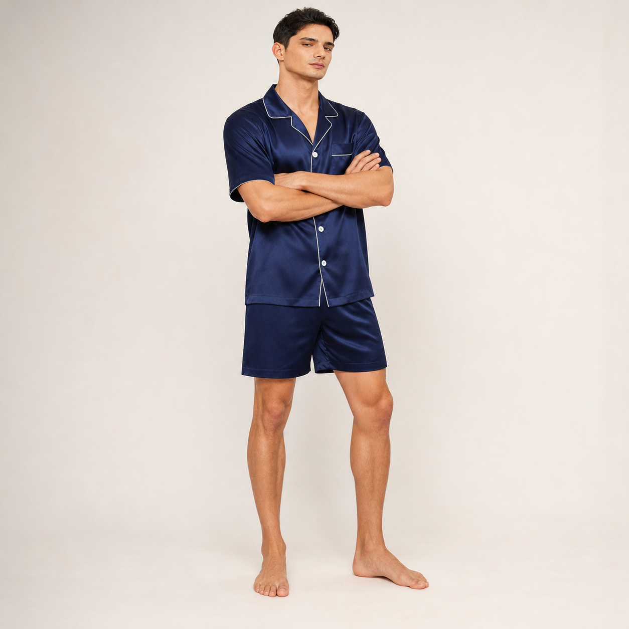Classic Collection 19 Momme Grade 6A 100% Mulberry Silk Men's Piped Short-Sleeve Shorts Two-Piece Loungewear Set