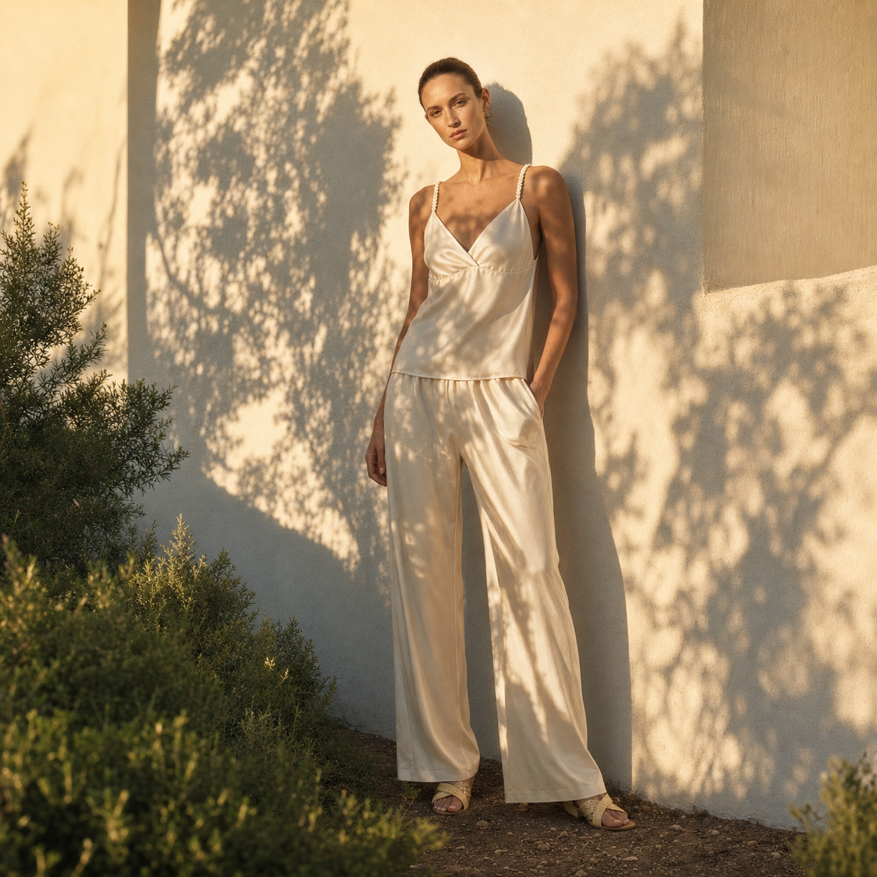 Interweave Collection Woven Strap V-Neck Wrap Silk Pajama Set