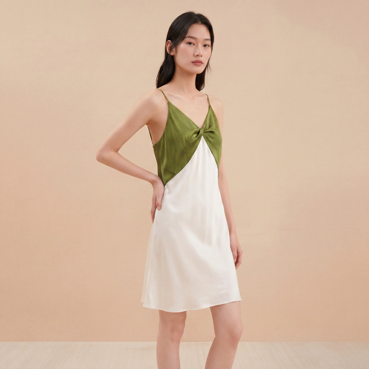 Qingsong Collection 19 Momme Grade 6A 100% Mulberry Silk V-Neck Color-Blocked Midi Dress