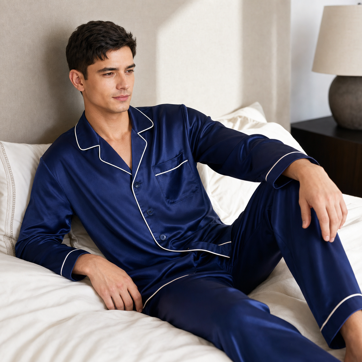Classic Collection 19 Momme Grade 6A 100% Mulberry Silk Men's Piped Silk Pajama Set
