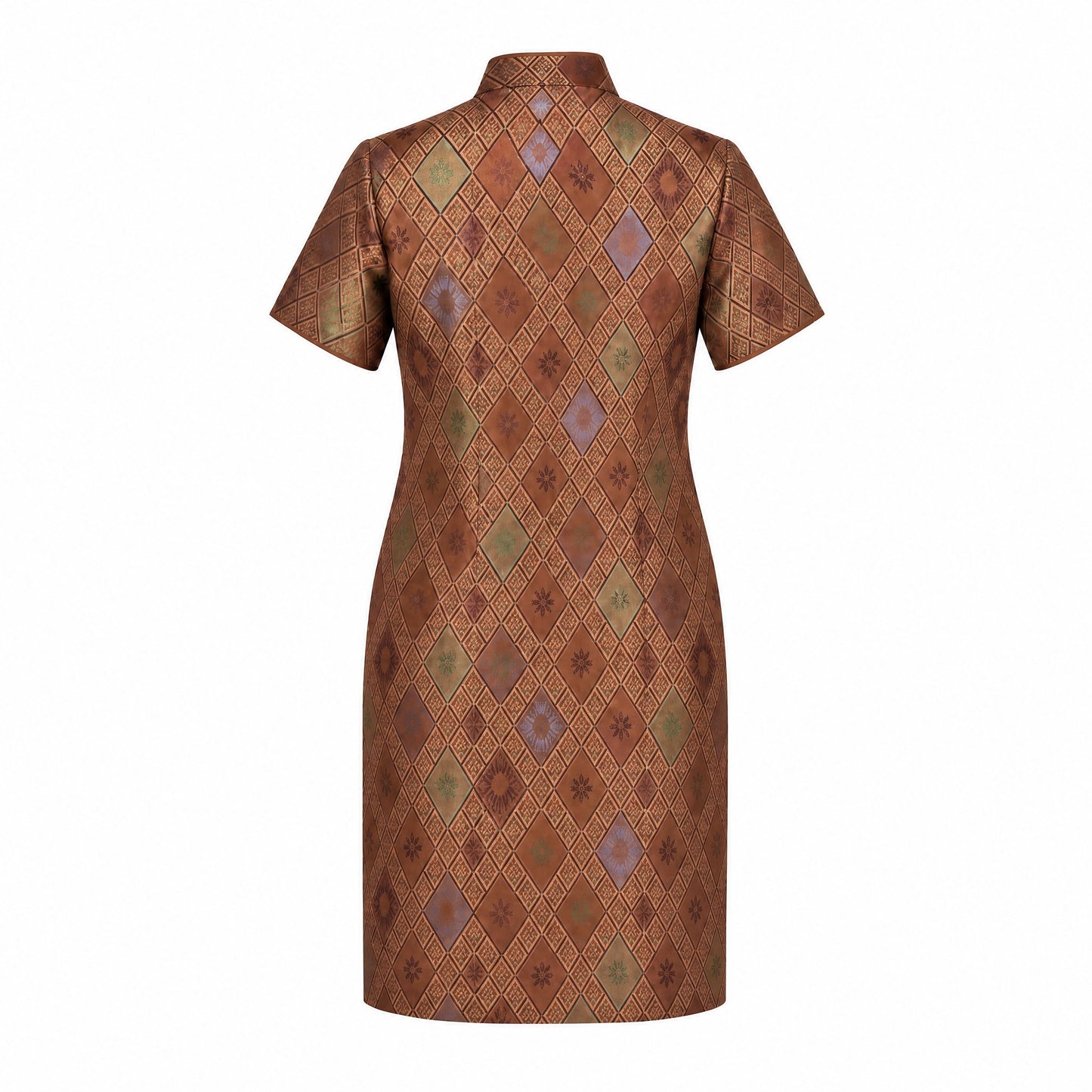 Diamond Lattice Silk Qipao Dress (Brown)