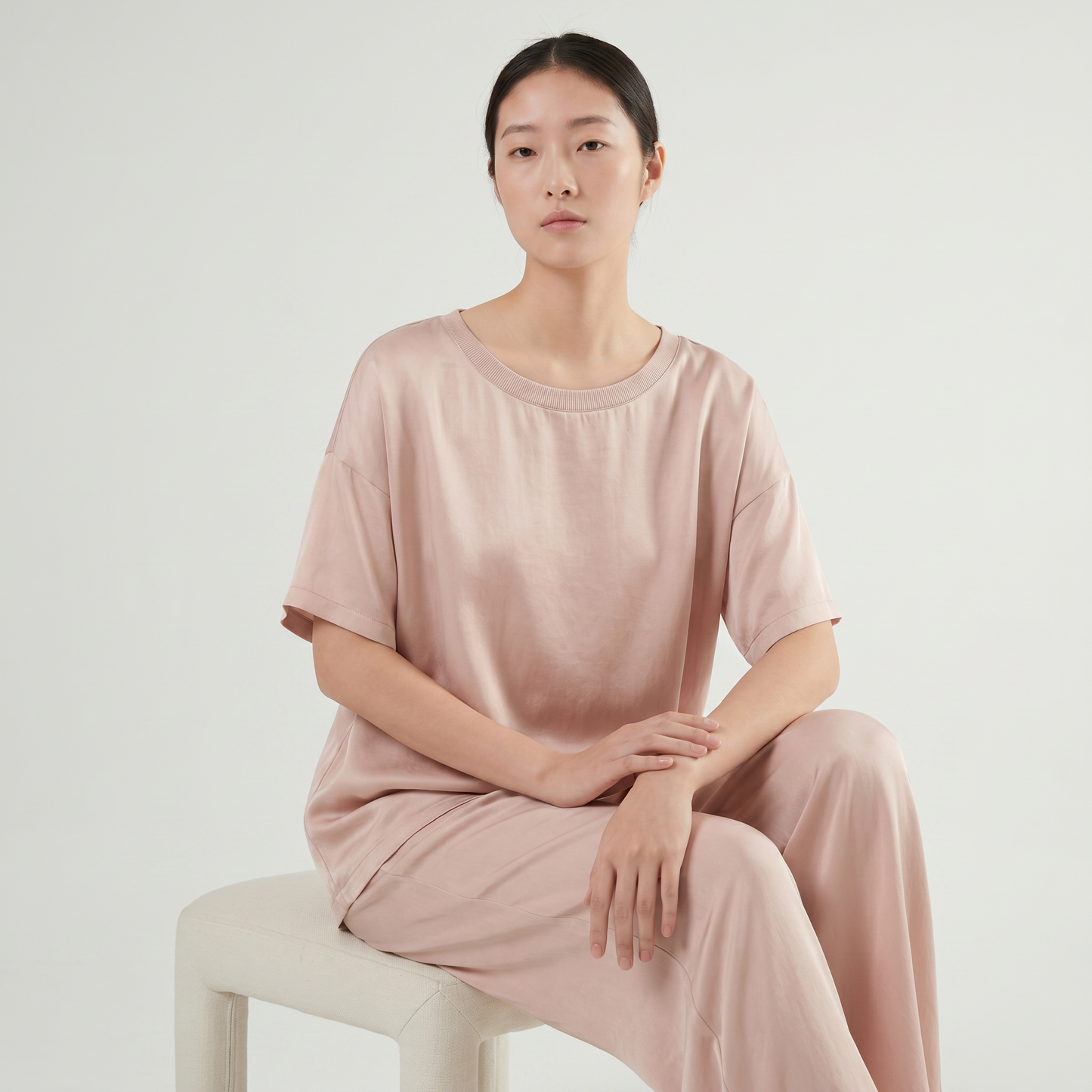 Soho Collection 19 Momme Sandwashed Ribbed Knit Round Neck Two-Piece Set