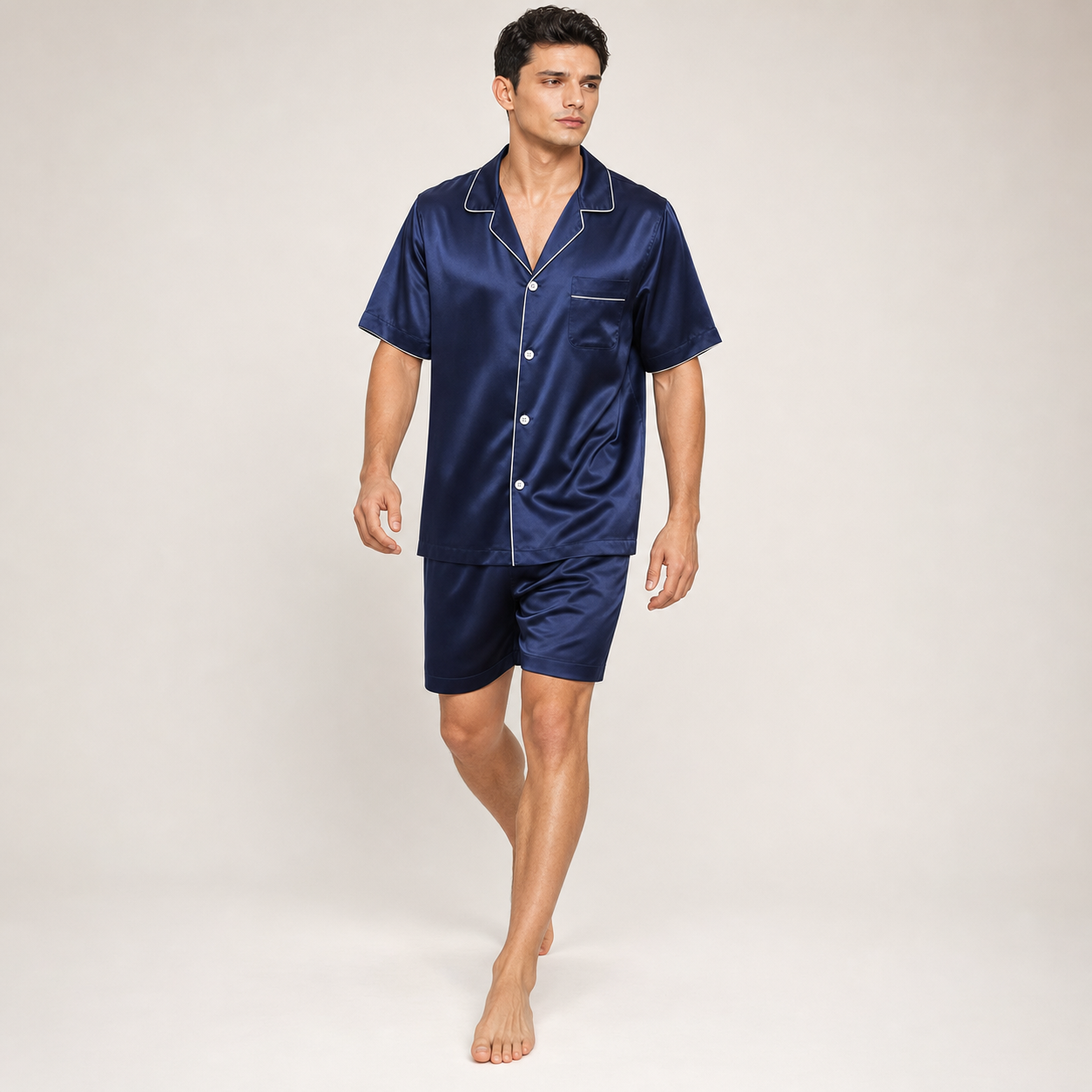 Classic Collection 19 Momme Grade 6A 100% Mulberry Silk Men's Piped Short-Sleeve Shorts Two-Piece Loungewear Set