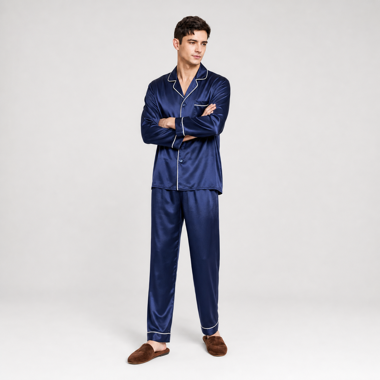 Classic Collection 19 Momme Grade 6A 100% Mulberry Silk Men's Piped Silk Pajama Set