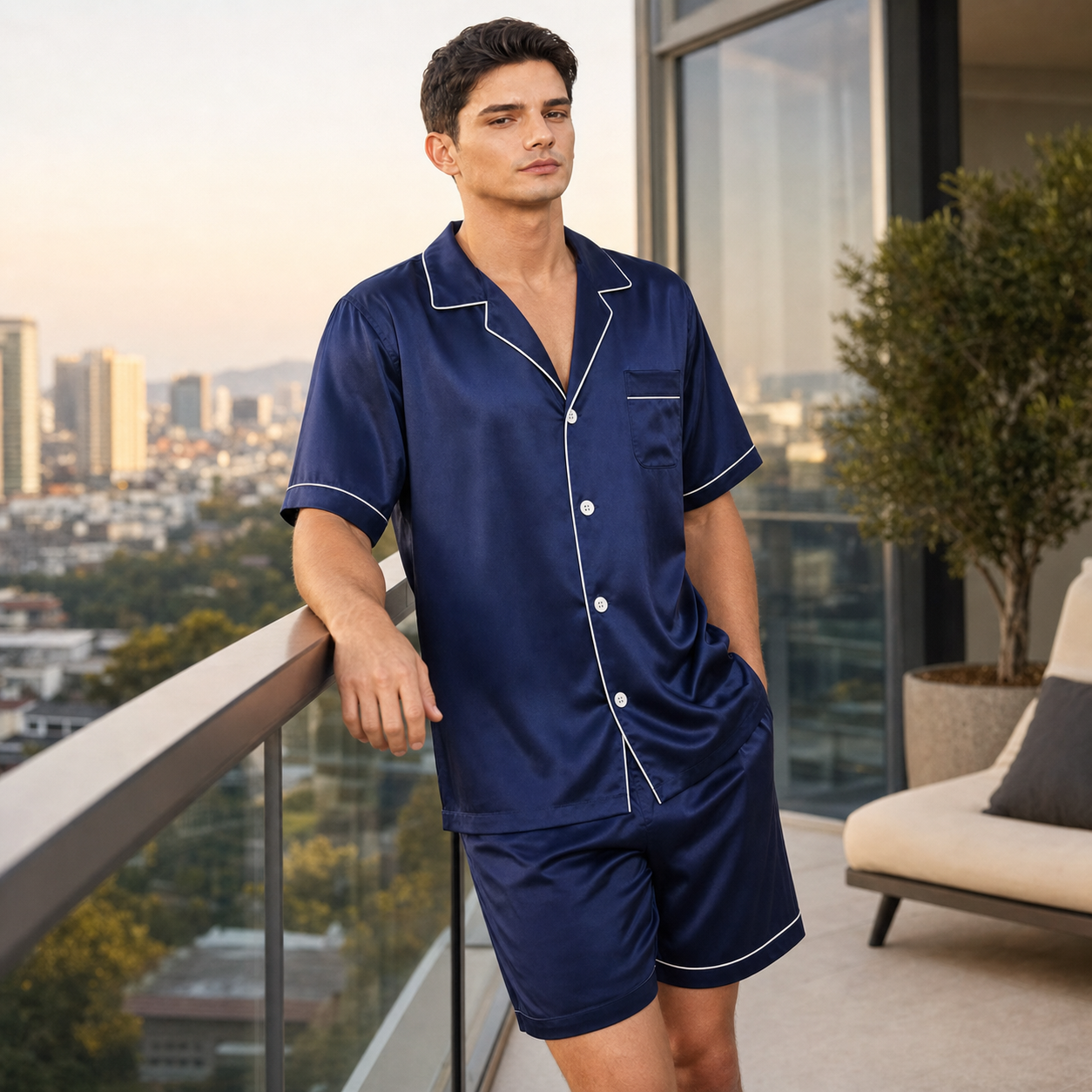 Classic Collection 19 Momme Grade 6A 100% Mulberry Silk Men's Piped Short-Sleeve Shorts Two-Piece Loungewear Set