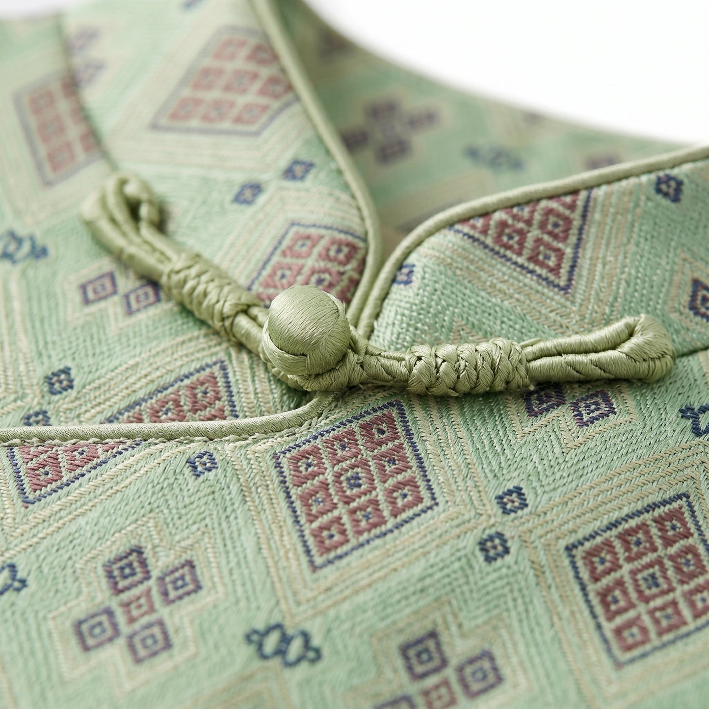 Diamond Lattice Silk Vest with Mandarin Collar (Ash Green)