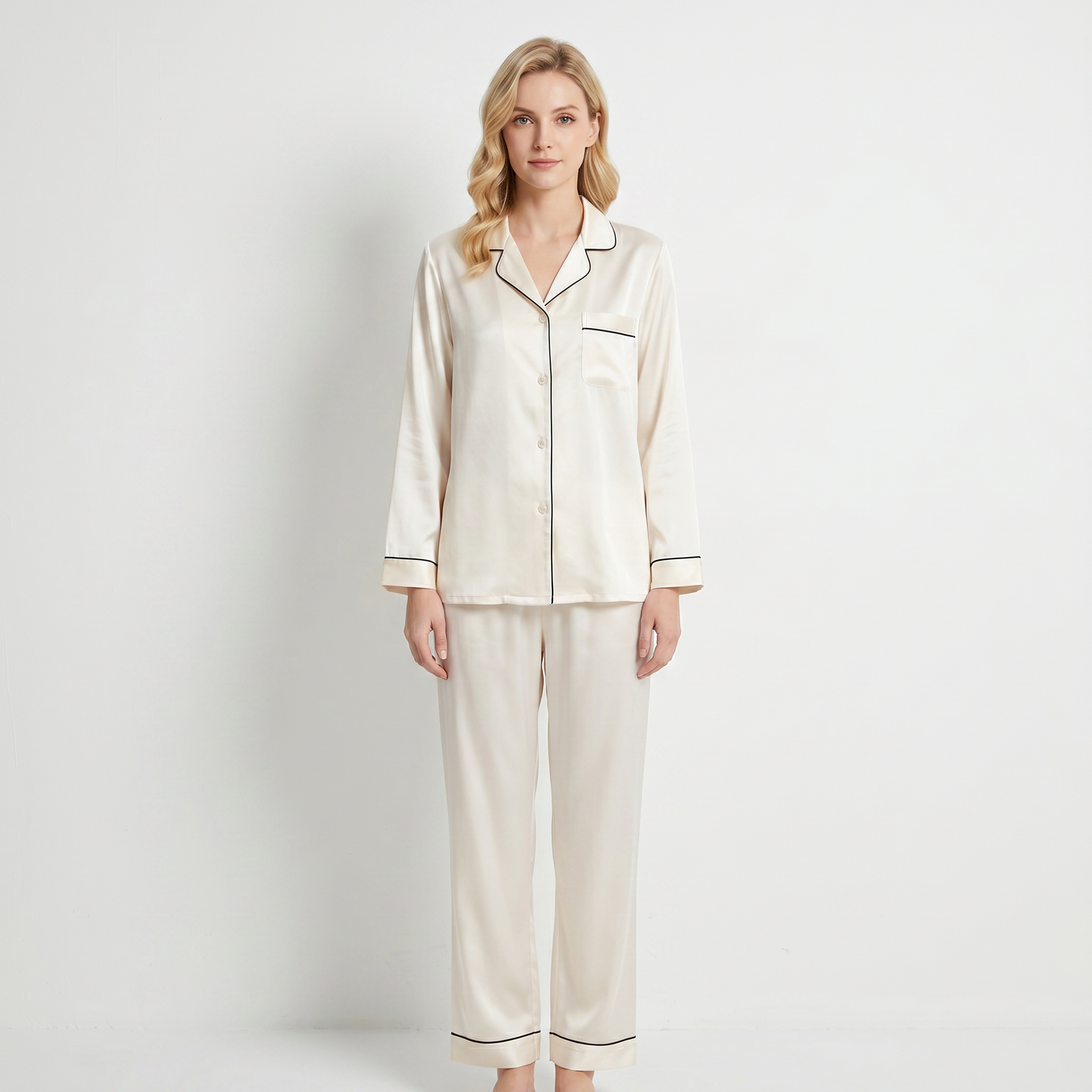 Qingsong Collection Pocket-Trimmed Silk Pajama Set