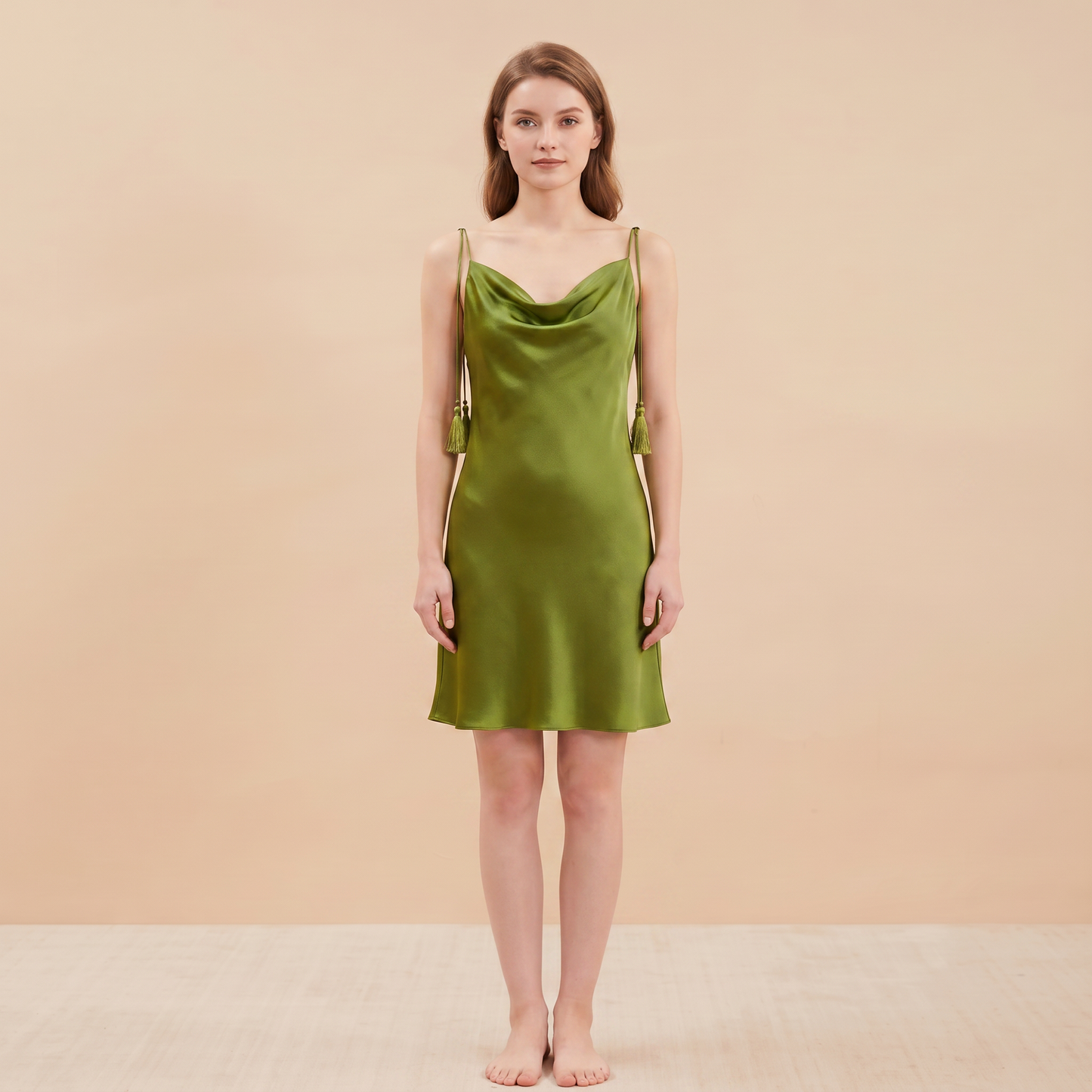 Qingsong Collection 19 Momme Grade 6A 100% Mulberry Silk Cowl Neck Tassel Dress