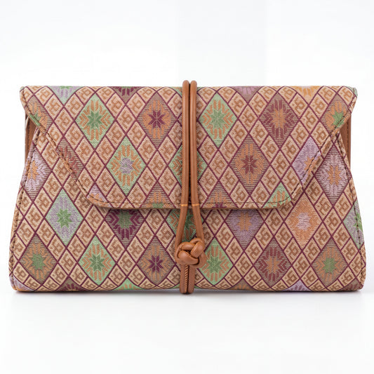 Diamond Lattice Brocade Envelope Clutch (Brown)