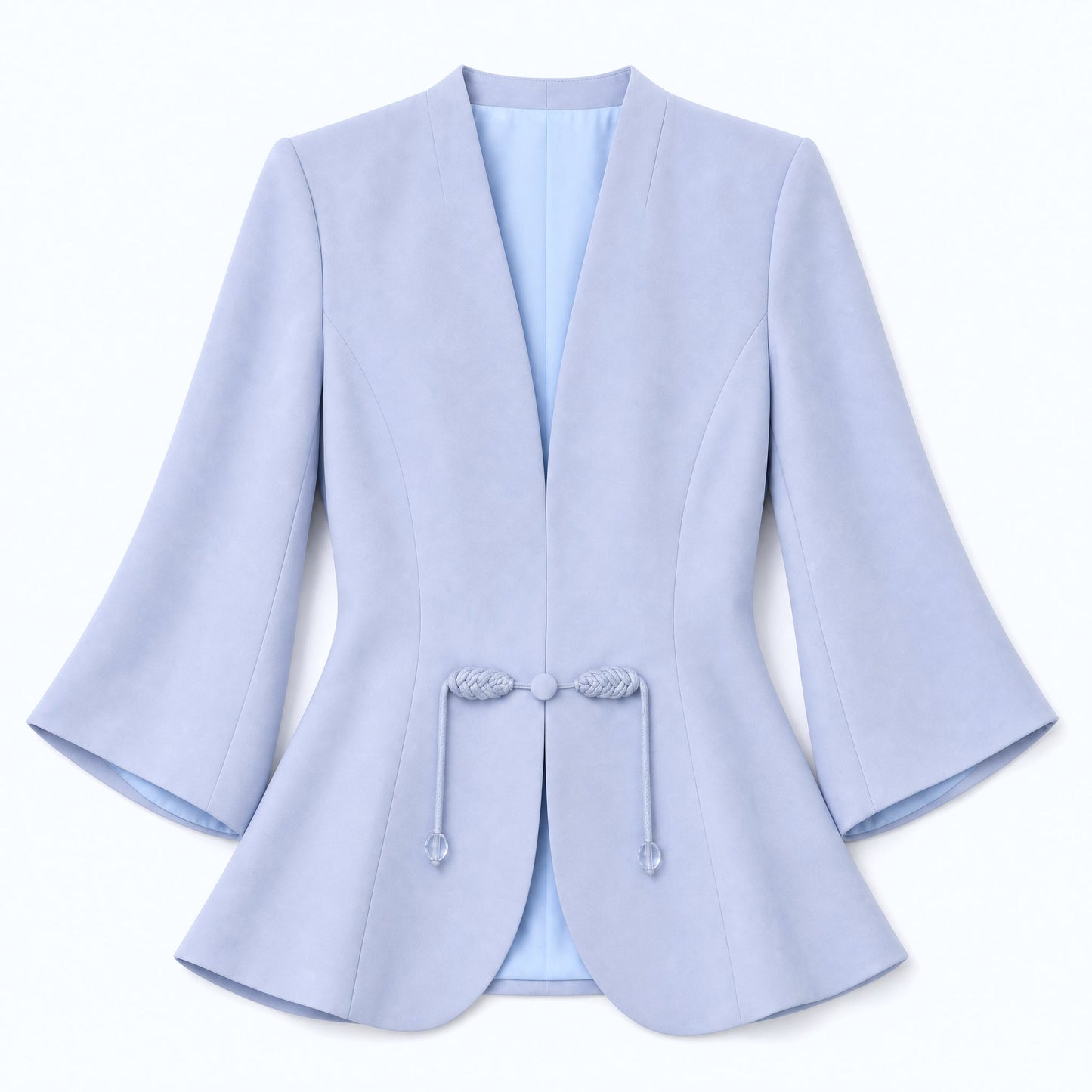 New Chinese Style Collarless Silk Blazer 3/4 Sleeve (Light Blue)
