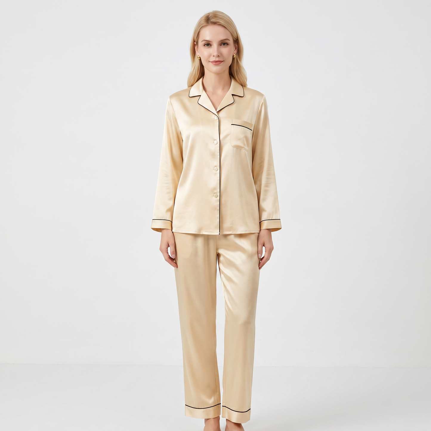 Qingsong Collection Pocket-Trimmed Silk Pajama Set