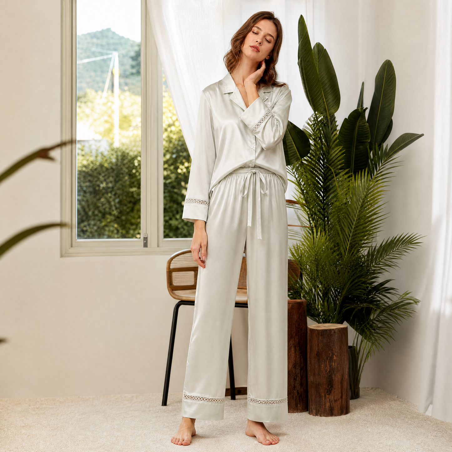 Classic Collection 22 Momme Grade 6A 100% Mulberry Silk Pajama Set with Hollow-Out Detail