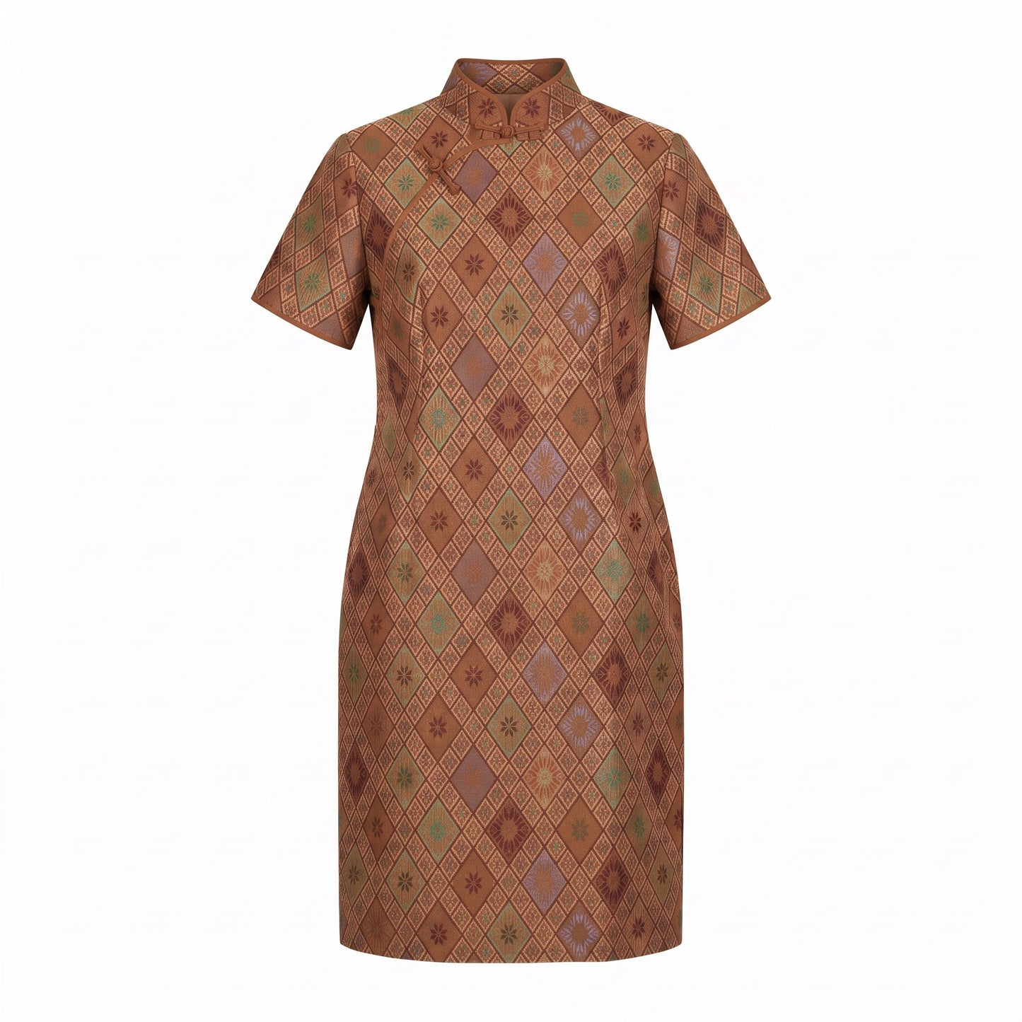 Diamond Lattice Silk Qipao Dress (Brown)