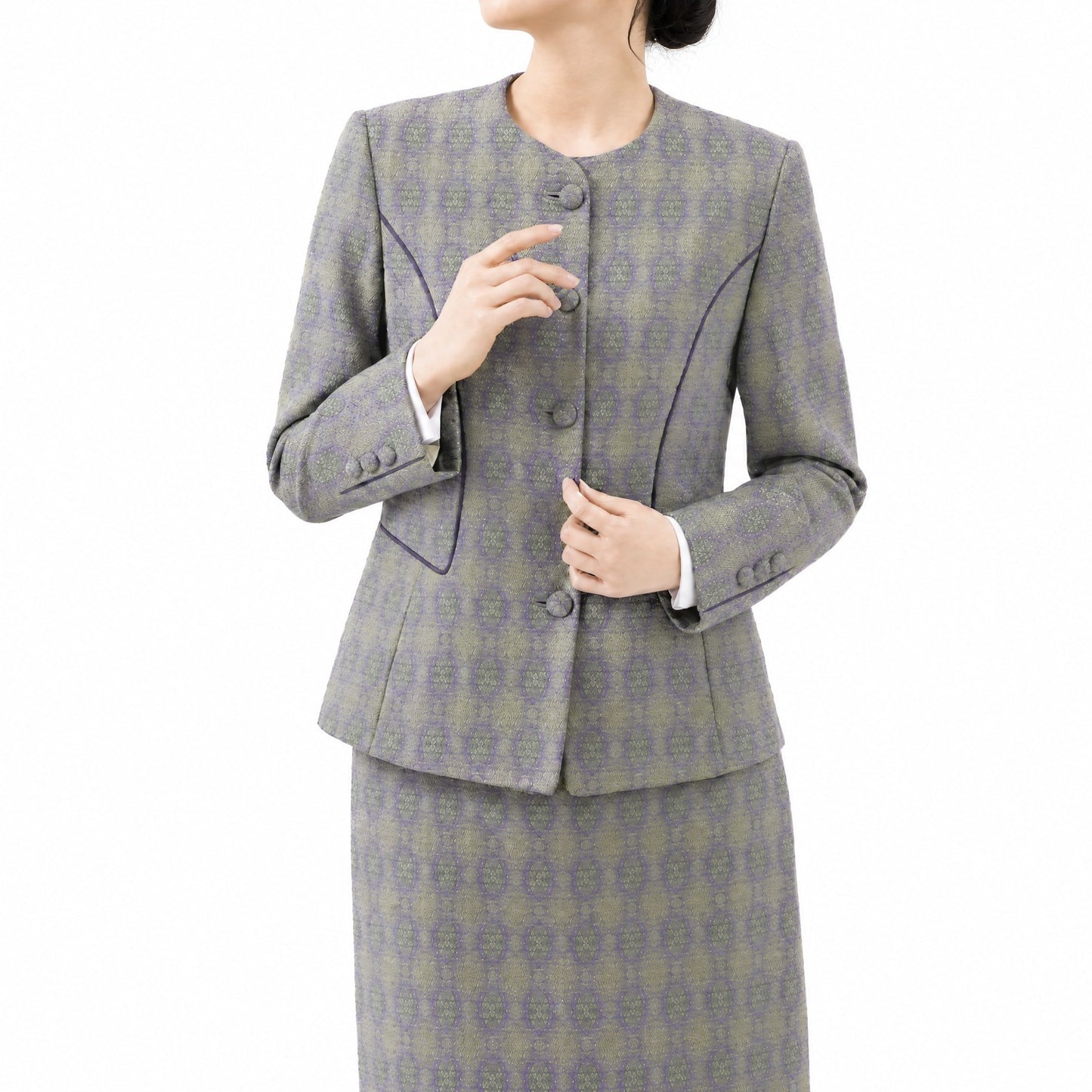 Diamond Lattice Silk Suit Set (Gray, Jacket + Skirt)