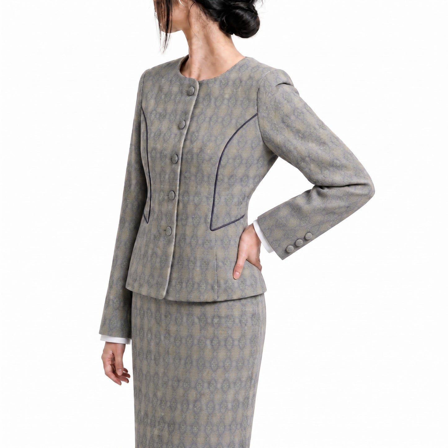 Diamond Lattice Silk Suit Set (Gray, Jacket + Skirt)