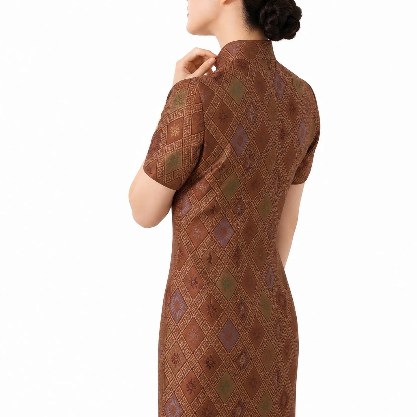 Diamond Lattice Silk Qipao Dress (Brown)