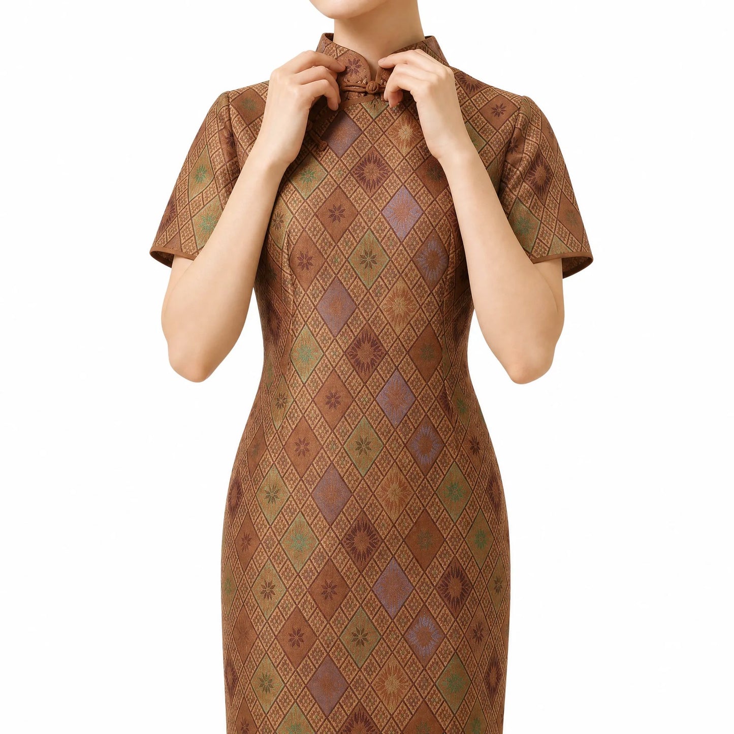 Diamond Lattice Silk Qipao Dress (Brown)