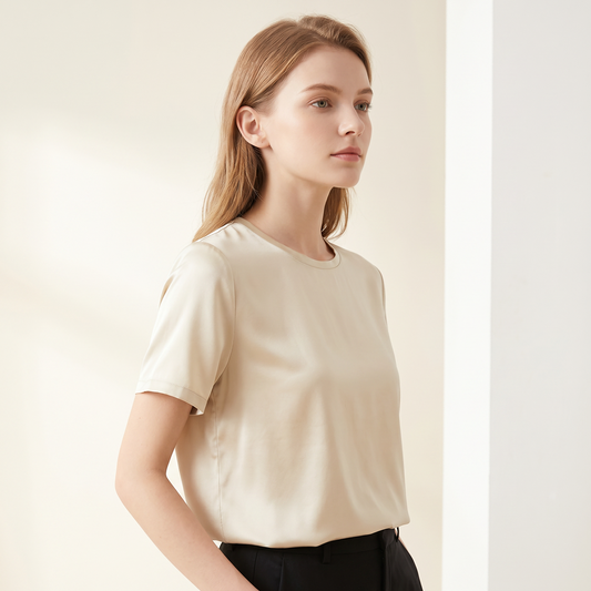 City Daily Collection 19 Momme Grade 6A 100% Mulberry Silk Crepe de Chine Round Neck T-Shirt