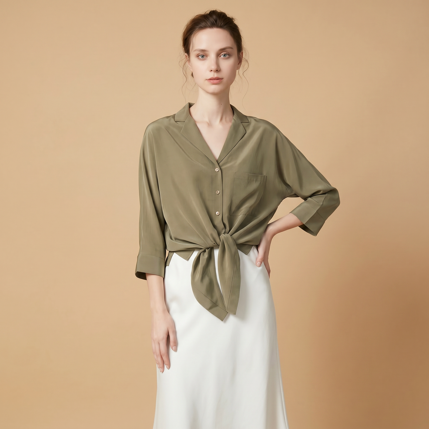 City Daily Collection 19 Momme Grade 6A 100% Mulberry Silk Crepe de Chine Tie-Front Shirt
