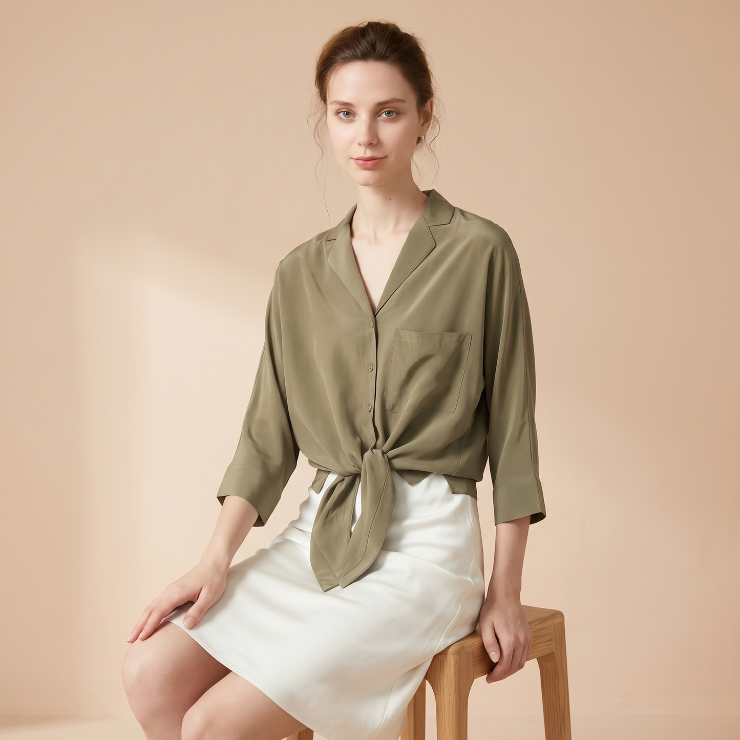 City Daily Collection 19 Momme Grade 6A 100% Mulberry Silk Crepe de Chine Tie-Front Shirt
