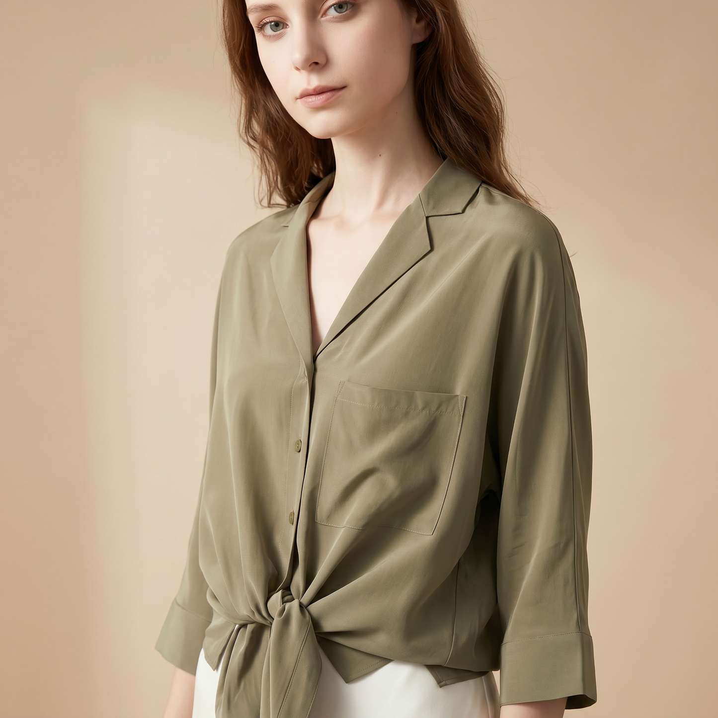 City Daily Collection 19 Momme Grade 6A 100% Mulberry Silk Crepe de Chine Tie-Front Shirt