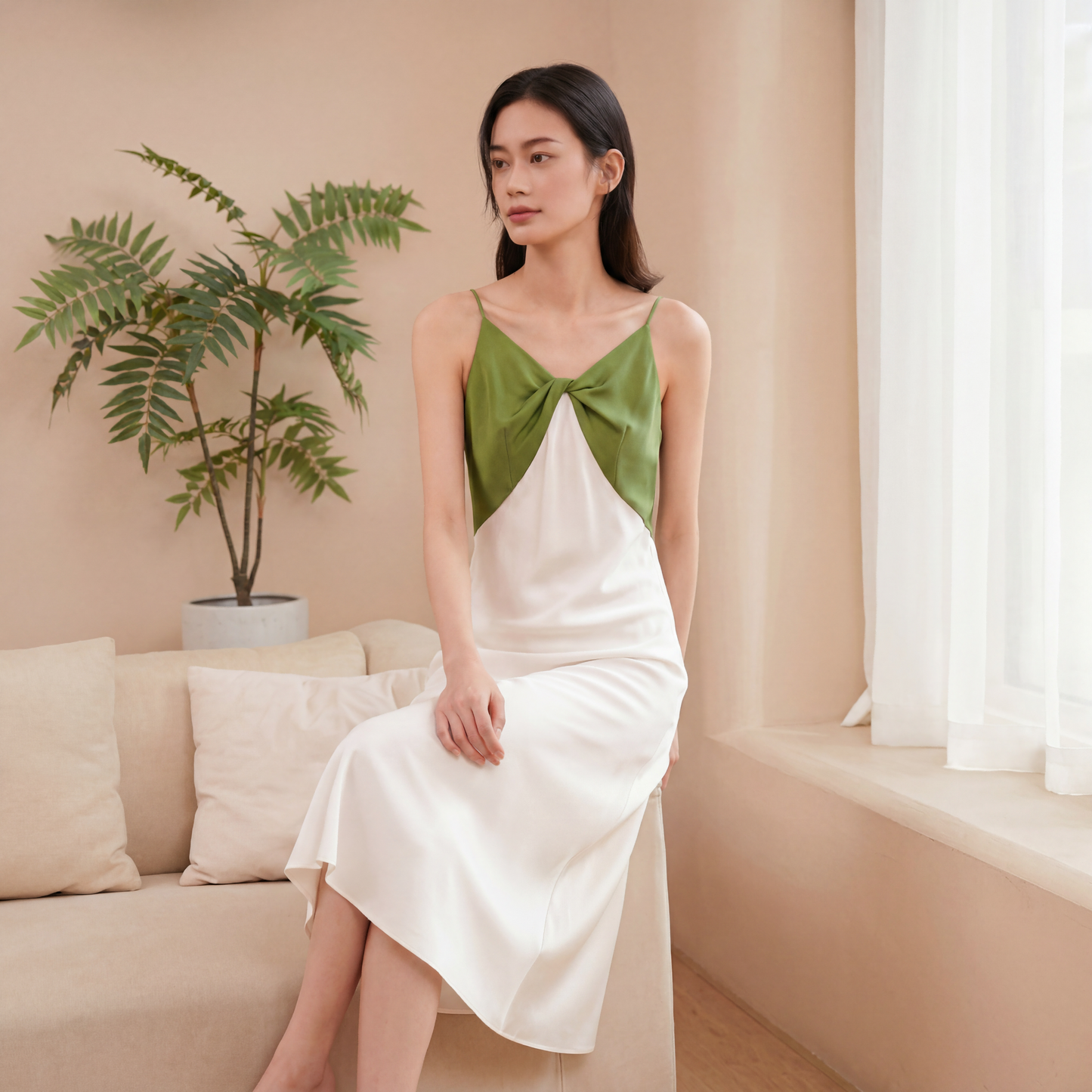 Qingsong Collection 19 Momme Grade 6A 100% Mulberry Silk V-Neck Color-Blocked Midi Dress