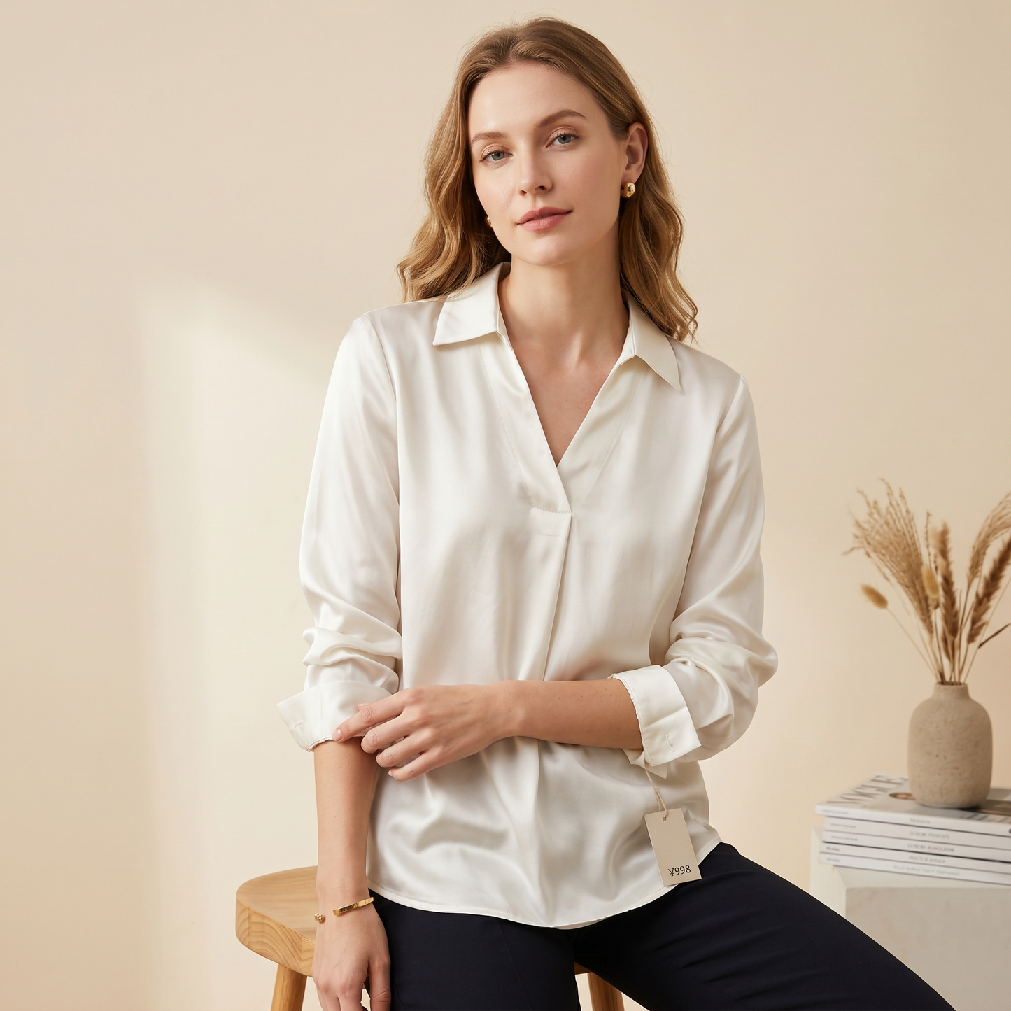 19 Momme Grade 6A Mulberry Silk Crepe de Chine Polo V-Neck Long Sleeve Blouse