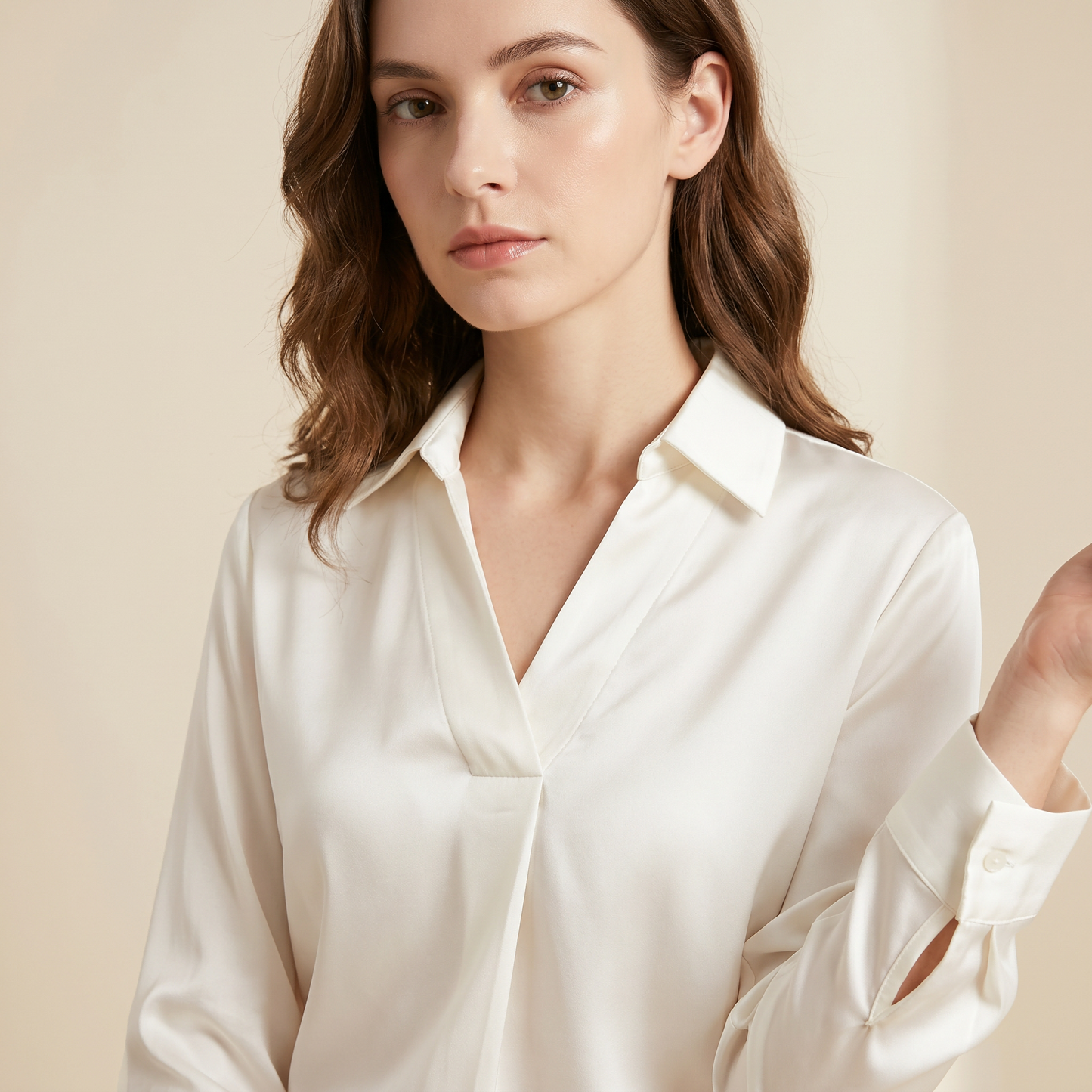 19 Momme Grade 6A Mulberry Silk Crepe de Chine Polo V-Neck Long Sleeve Blouse