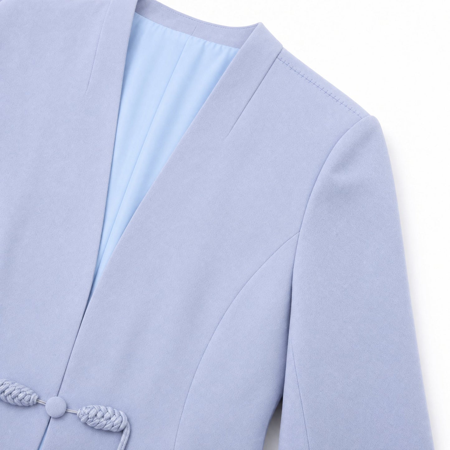 New Chinese Style Collarless Silk Blazer 3/4 Sleeve (Light Blue)
