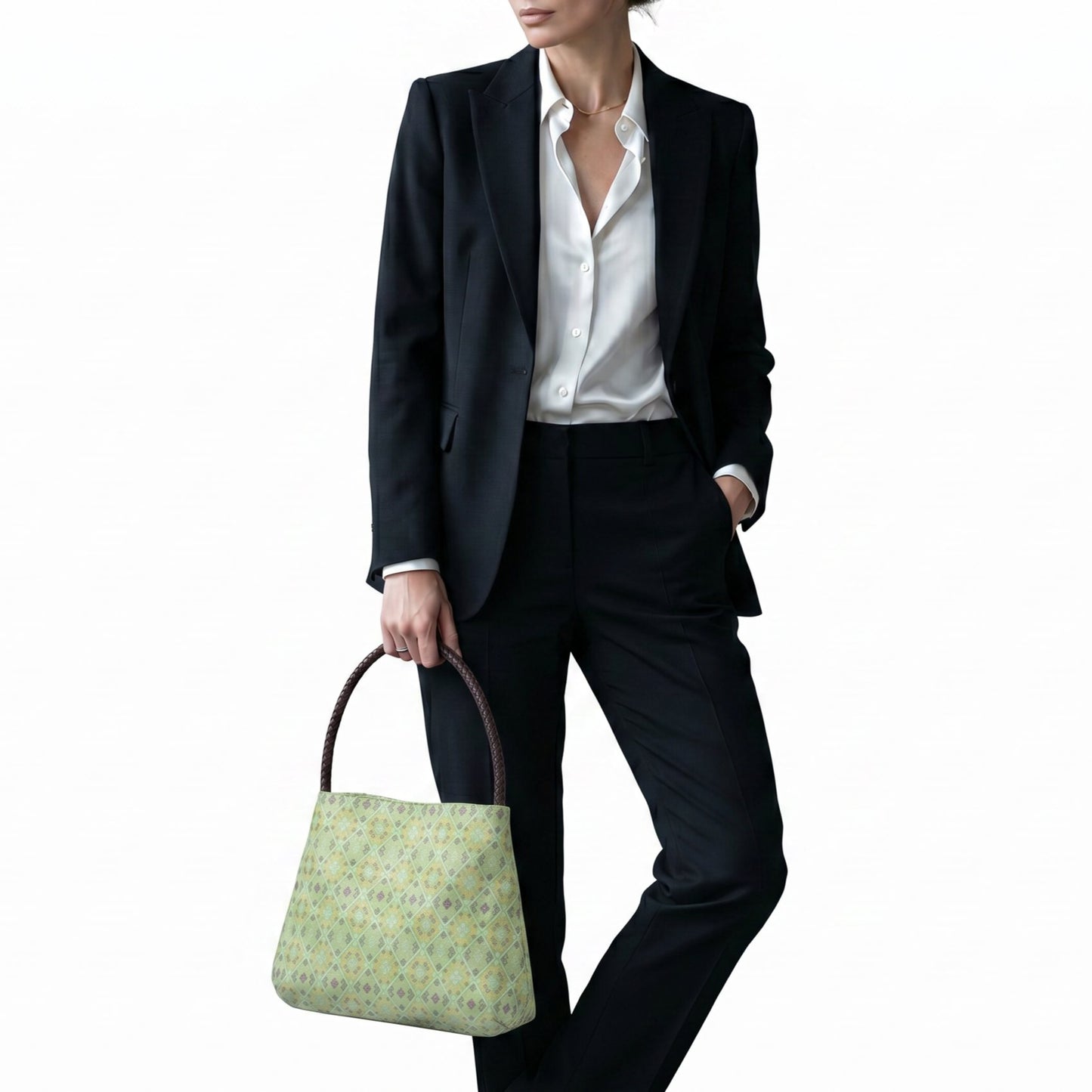 Diamond Lattice Brocade Tote Bag, Single Handle (Light Green)