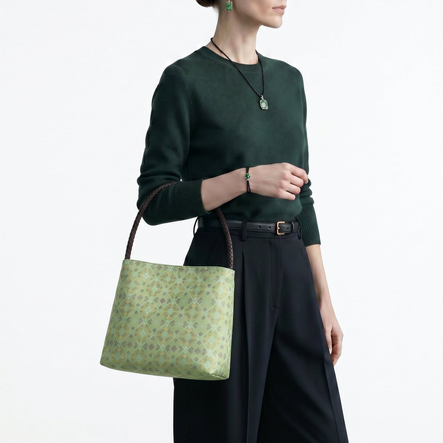Diamond Lattice Brocade Tote Bag, Single Handle (Light Green)