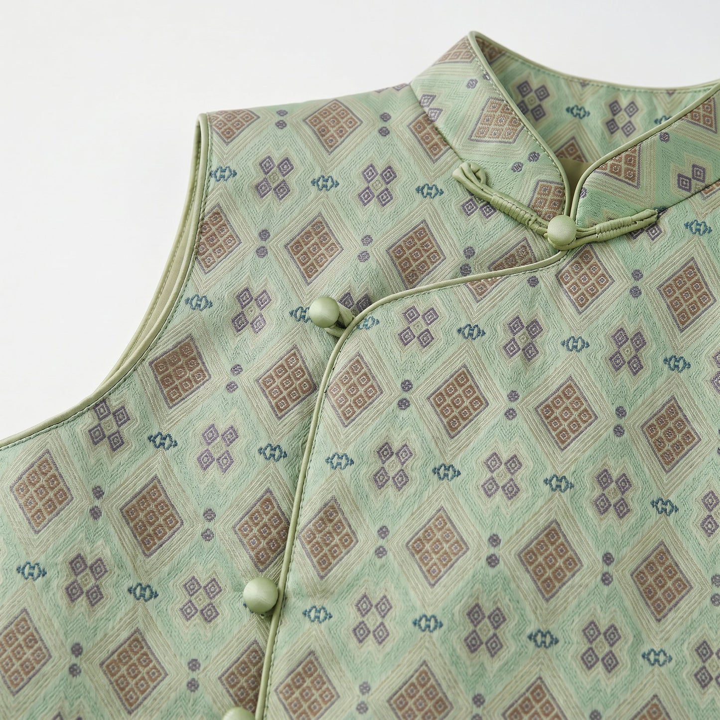Diamond Lattice Silk Vest with Mandarin Collar (Ash Green)