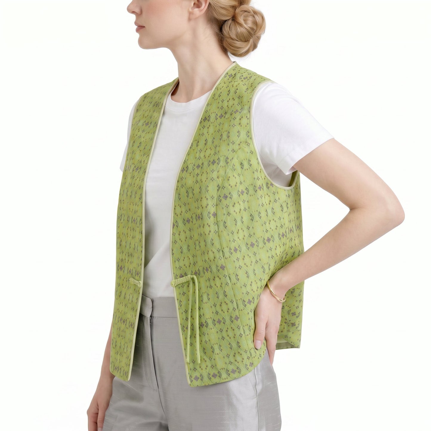 Diamond Lattice Silk Mandarin Vest (Light Green)